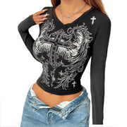 Grunge Shirts Emo Clothe Teen Girls Vintage Graphic Tee Y2k 2000s Goth Top Women Mcbling Long Sleeve Streetwear (Black Purple,Small)