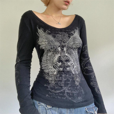 NaranjaBurbuja Y2k Fairy Grunge Graphic Long Sleeve Tees Tops Women E-Girls Aesthetic Gothic Skull Print Baggy T Shirts Emo Clothes 0-black Retro Fashion Uiui