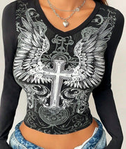 Grunge Shirts Emo Clothe Teen Girls Vintage Graphic Tee Y2k 2000s Goth Top Women Mcbling Long Sleeve Streetwear (Black Purple,Small)