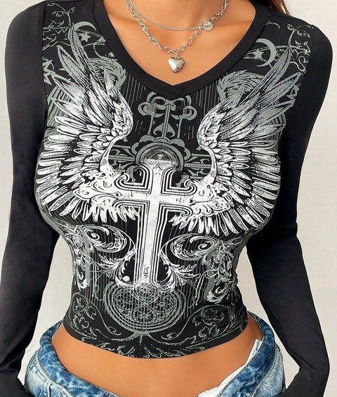 Grunge Shirts Emo Clothe Teen Girls Vintage Graphic Tee Y2k 2000s Goth Top Women Mcbling Long Sleeve Streetwear (Black Purple,Small)