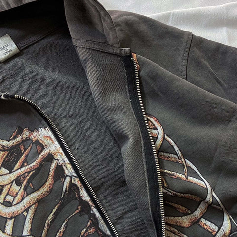 MLAFE Gothic Hooded Sweater Retro Bone Print Hooded sweatshirt Y2K zip-up jacket Grunge Hooded Sweater Harajuku upper garment (M)