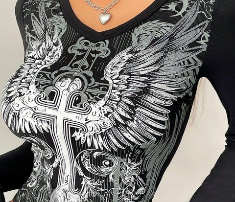 Grunge Shirts Emo Clothe Teen Girls Vintage Graphic Tee Y2k 2000s Goth Top Women Mcbling Long Sleeve Streetwear (Black Purple,Small)