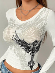 Grunge Shirts Emo Clothe Teen Girls Vintage Graphic Tee Y2k 2000s Goth Top Women Mcbling Long Sleeve Streetwear (Black Purple,Small)