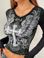 Grunge Shirts Emo Clothe Teen Girls Vintage Graphic Tee Y2k 2000s Goth Top Women Mcbling Long Sleeve Streetwear (Black Purple,Small)