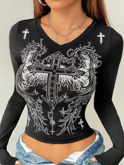 Grunge Shirts Emo Clothe Teen Girls Vintage Graphic Tee Y2k 2000s Goth Top Women Mcbling Long Sleeve Streetwear (Black Purple,Small)