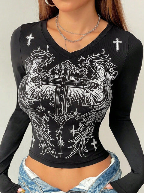 Grunge Shirts Emo Clothe Teen Girls Vintage Graphic Tee Y2k 2000s Goth Top Women Mcbling Long Sleeve Streetwear (Black Purple,Small)