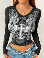 Grunge Shirts Emo Clothe Teen Girls Vintage Graphic Tee Y2k 2000s Goth Top Women Mcbling Long Sleeve Streetwear (Black Purple,Small)