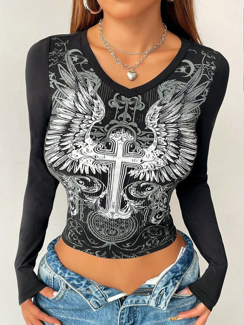 Grunge Shirts Emo Clothe Teen Girls Vintage Graphic Tee Y2k 2000s Goth Top Women Mcbling Long Sleeve Streetwear (Black Purple,Small)