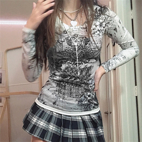 NaranjaBurbuja Y2k Fairy Grunge Graphic Long Sleeve Tees Tops Women E-Girls Aesthetic Gothic Skull Print Baggy T Shirts Emo Clothes 0-black Retro Fashion Uiui