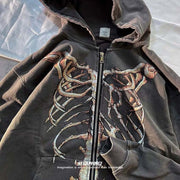 MLAFE Gothic Hooded Sweater Retro Bone Print Hooded sweatshirt Y2K zip-up jacket Grunge Hooded Sweater Harajuku upper garment (M)