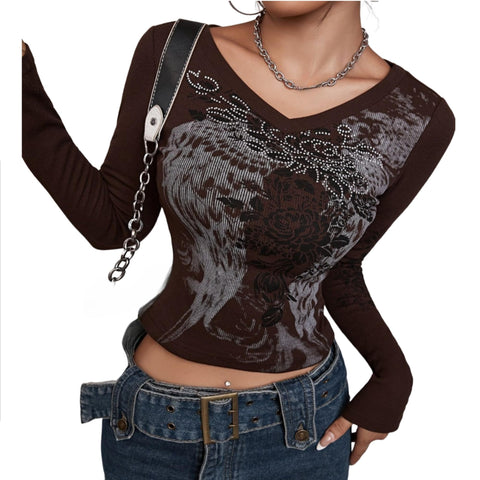 Grunge Shirts Emo Clothe Teen Girls Vintage Graphic Tee Y2k 2000s Goth Top Women Mcbling Long Sleeve Streetwear (Black Purple,Small)