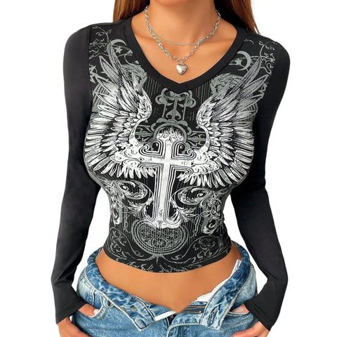 Grunge Shirts Emo Clothe Teen Girls Vintage Graphic Tee Y2k 2000s Goth Top Women Mcbling Long Sleeve Streetwear (Black Purple,Small)