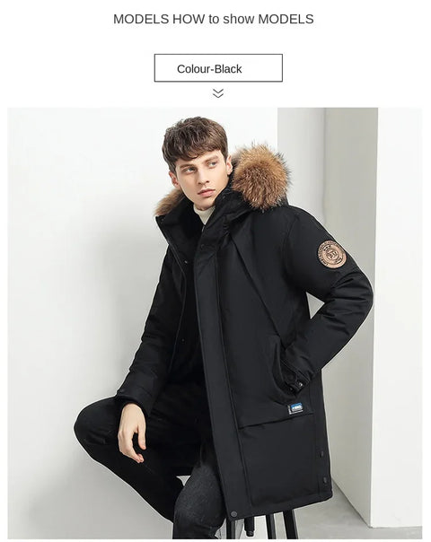 Men Winter Goose Down Coats Fur Collar Hooded Long Down Jackets Top Quality Male Outdoor Windproof Warm Winter Jackets Canada