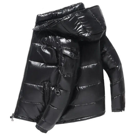 Men’s Glossy Short Down Jacket – Thickened Hooded Winter Coat | Fleece-Lined Polyester Fiber Outerwear