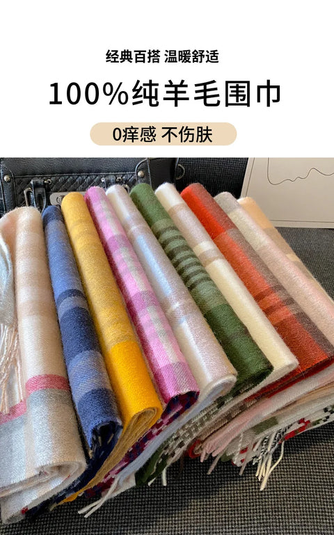 High Quality 100% Wool Scarf Female Fashion Classic Soft Cashmere Muffler Women Warm Thermal Shawl Outside Autumn Winter